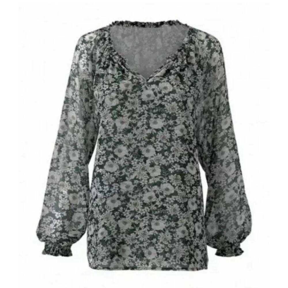 CAbi Floral Sheer Blouse - Black and White